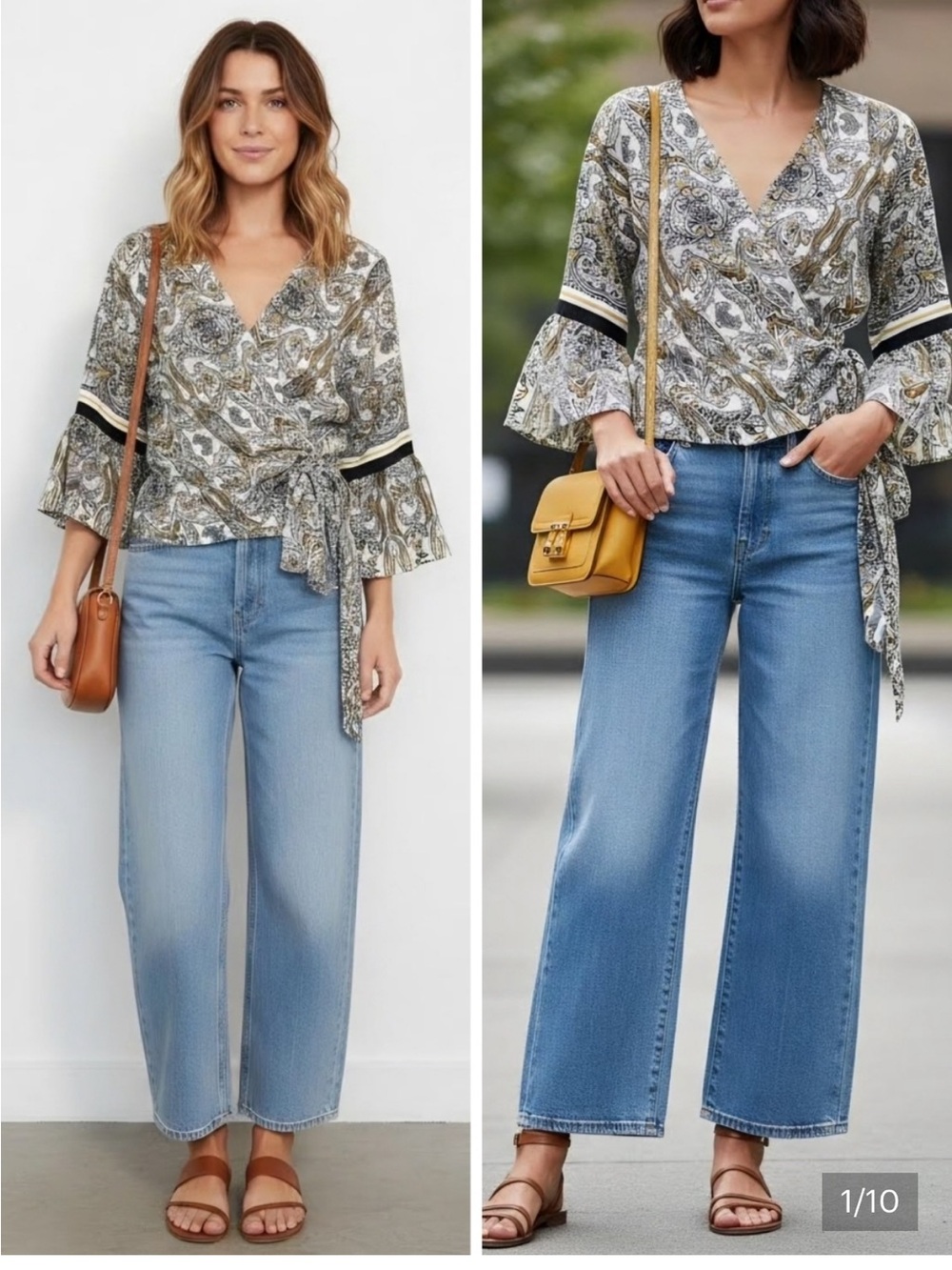 Max Studio Paisley Wrap Blouse in Cream, Black & Gold